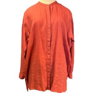 Eileen Fisher 100% Linen Button Front Tunic Blouse Size M Coral Pink Terracotta